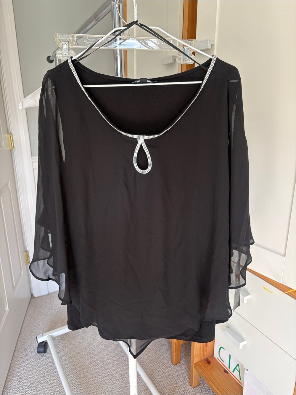 MSK Black Chiffon Blouse with Rhinestone Teardrop Accent